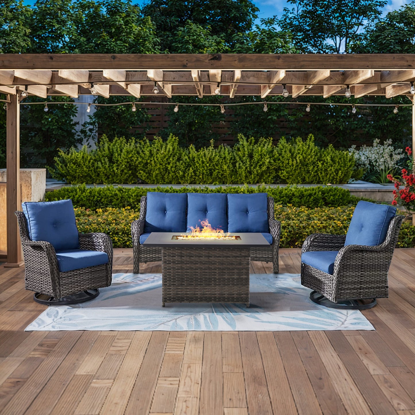 Height-Adjustable Fire Pit Table Set with Swivel Glider Chairs and Sofa, NTC Series