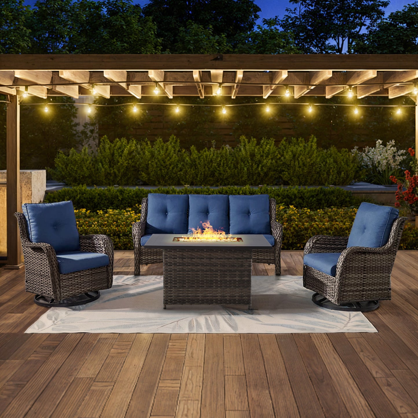 Height-Adjustable Fire Pit Table Set with Swivel Glider Chairs and Sofa, NTC Series