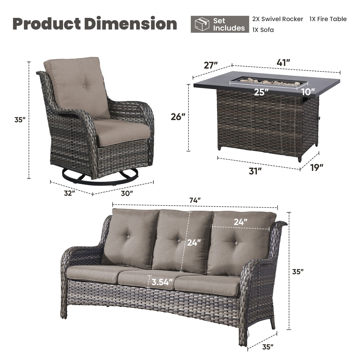 Height-Adjustable Fire Pit Table Set with Swivel Glider Chairs and Sofa, NTC Series
