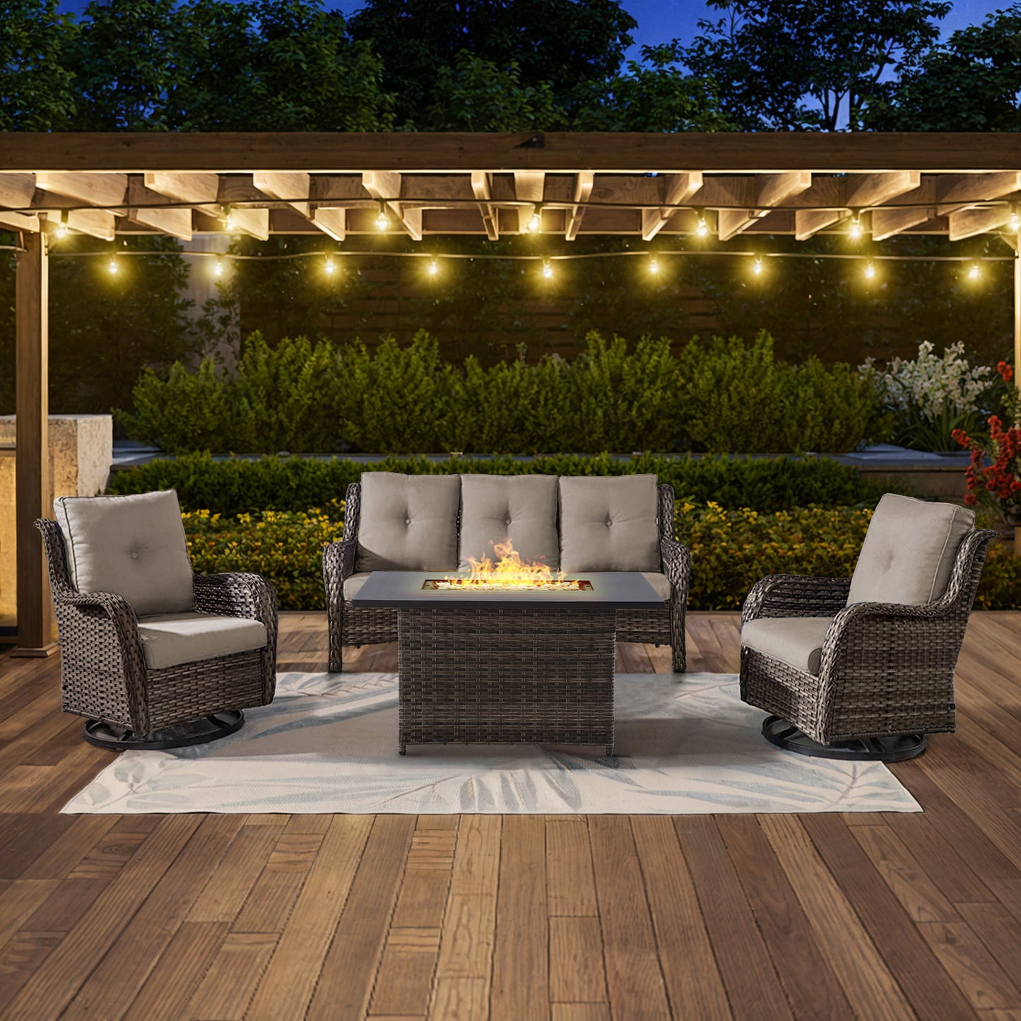 Height-Adjustable Fire Pit Table Set with Swivel Glider Chairs and Sofa, NTC Series