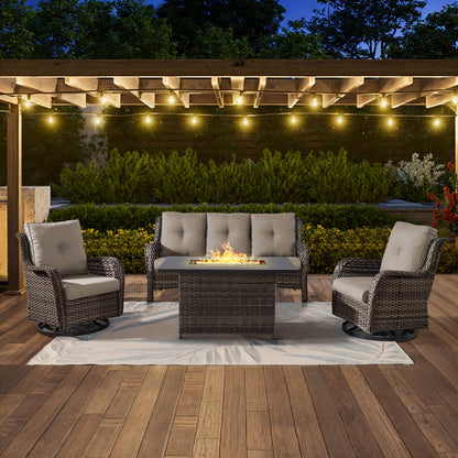 Height-Adjustable Fire Pit Table Set with Swivel Glider Chairs and Sofa, NTC Series