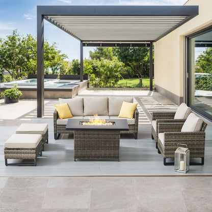 Patio Conversation Set 6-Piece with Sofa, Patio Chairs, Height-Adjustable Fire Pit Table, and Ottoman, GRS Series