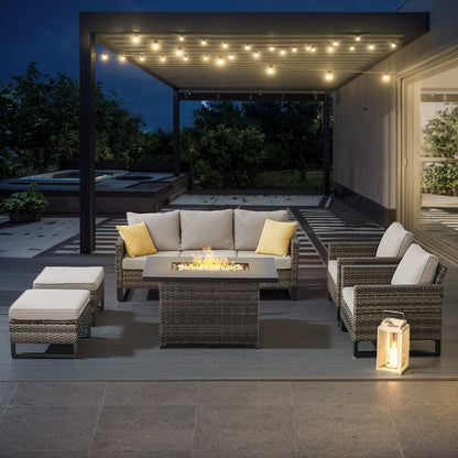 Patio Conversation Set 6-Piece with Sofa, Patio Chairs, Height-Adjustable Fire Pit Table, and Ottoman, GRS Series