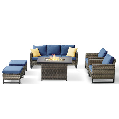 Patio Conversation Set 6-Piece with Sofa, Patio Chairs, Height-Adjustable Fire Pit Table, and Ottoman, GRS Series