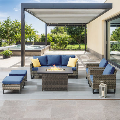 Patio Conversation Set 6-Piece with Sofa, Patio Chairs, Height-Adjustable Fire Pit Table, and Ottoman, GRS Series