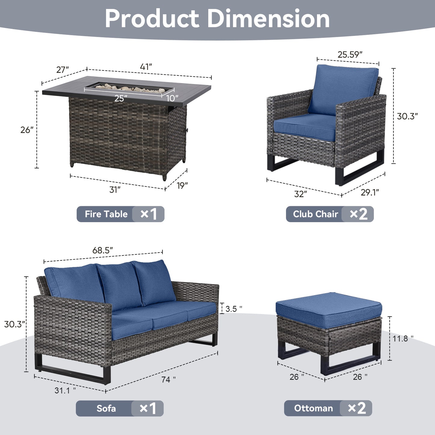 Patio Conversation Set 6-Piece with Sofa, Patio Chairs, Height-Adjustable Fire Pit Table, and Ottoman, GRS Series