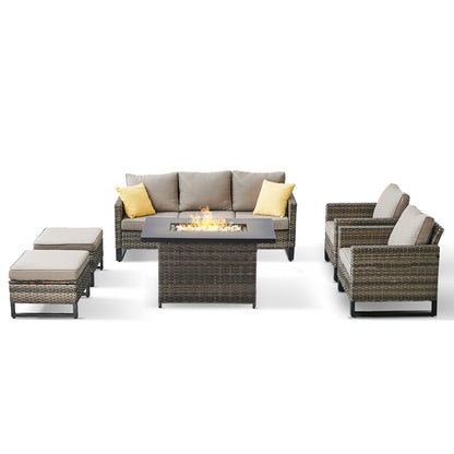 Patio Conversation Set 6-Piece with Sofa, Patio Chairs, Height-Adjustable Fire Pit Table, and Ottoman, GRS Series