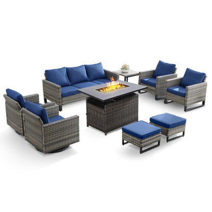 Patio Conversation Set 9-Piece with Sofa, Swivel Glider Chairs, Patio Chairs, Rectangular Adjustable Fire Pit Table, Side Table, and Ottoman, GRS Series