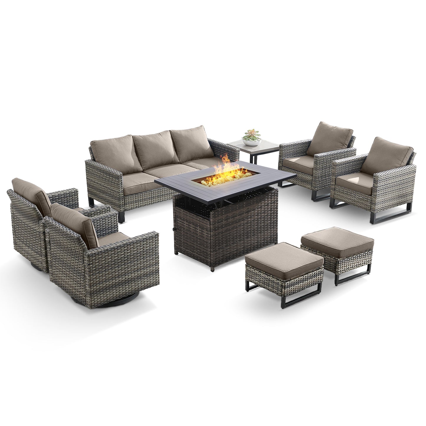 Patio Conversation Set 9-Piece with Sofa, Swivel Glider Chairs, Patio Chairs, Rectangular Adjustable Fire Pit Table, Side Table, and Ottoman, GRS Series