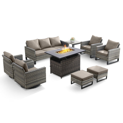 Patio Conversation Set 9-Piece with Sofa, Swivel Glider Chairs, Patio Chairs, Rectangular Adjustable Fire Pit Table, Side Table, and Ottoman, GRS Series
