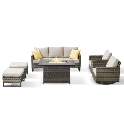 6-Piece All-Weather Outdoor Patio Furniture Set with Height-Adjustable Fire Pit Table, Couch, Swivel Chairs & Ottoman, GRS Series