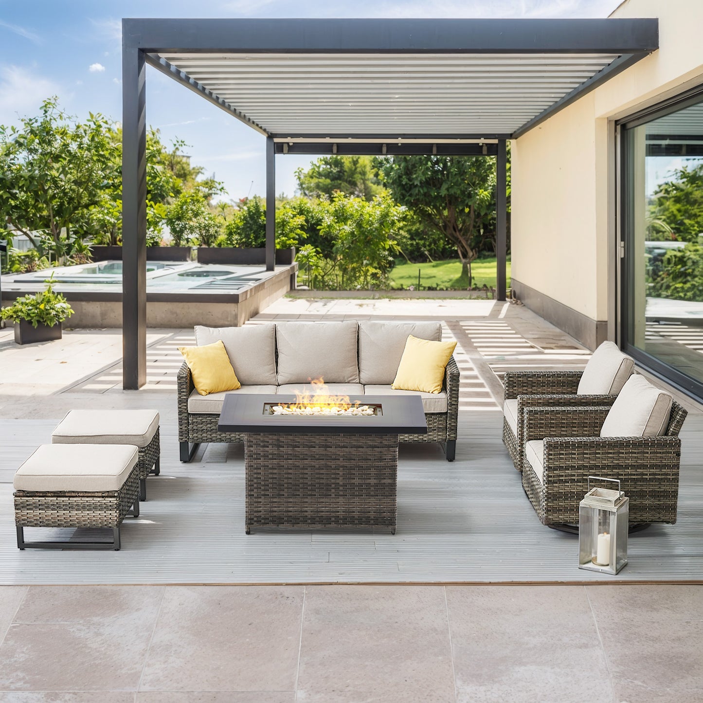 6-Piece All-Weather Outdoor Patio Furniture Set with Height-Adjustable Fire Pit Table, Couch, Swivel Chairs & Ottoman, GRS Series