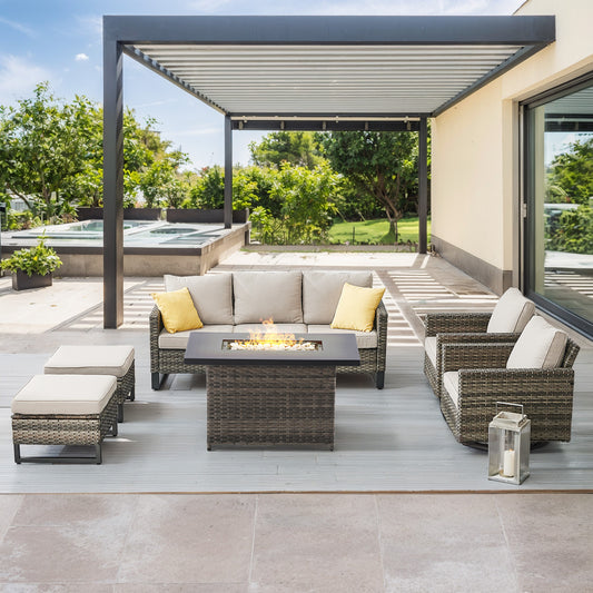 6-Piece All-Weather Outdoor Patio Furniture Set with Height-Adjustable Fire Pit Table, Couch, Swivel Chairs & Ottoman, GRS Series