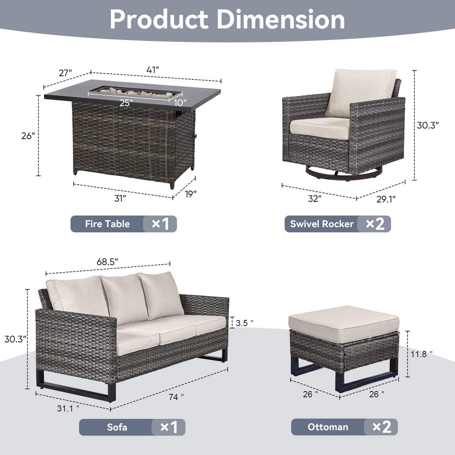 6-Piece All-Weather Outdoor Patio Furniture Set with Height-Adjustable Fire Pit Table, Couch, Swivel Chairs & Ottoman, GRS Series
