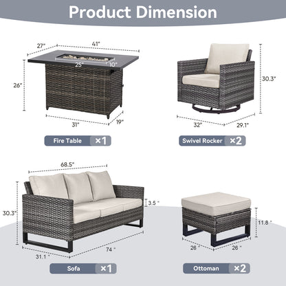 6-Piece All-Weather Outdoor Patio Furniture Set with Height-Adjustable Fire Pit Table, Couch, Swivel Chairs & Ottoman, GRS Series
