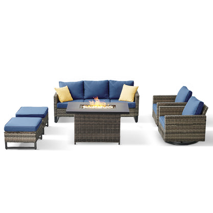 6-Piece All-Weather Outdoor Patio Furniture Set with Height-Adjustable Fire Pit Table, Couch, Swivel Chairs & Ottoman, GRS Series