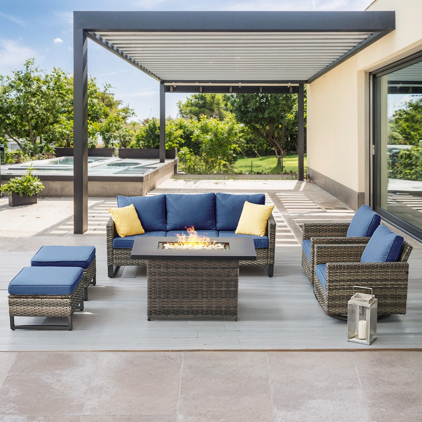 6-Piece All-Weather Outdoor Patio Furniture Set with Height-Adjustable Fire Pit Table, Couch, Swivel Chairs & Ottoman, GRS Series