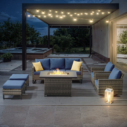 6-Piece All-Weather Outdoor Patio Furniture Set with Height-Adjustable Fire Pit Table, Couch, Swivel Chairs & Ottoman, GRS Series