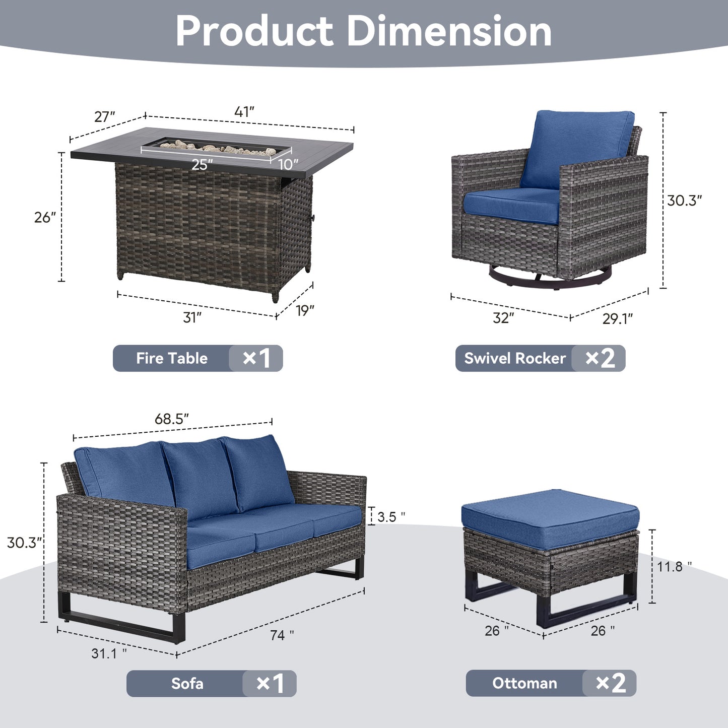 6-Piece All-Weather Outdoor Patio Furniture Set with Height-Adjustable Fire Pit Table, Couch, Swivel Chairs & Ottoman, GRS Series