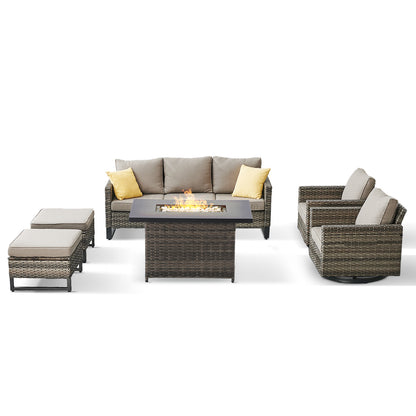 6-Piece All-Weather Outdoor Patio Furniture Set with Height-Adjustable Fire Pit Table, Couch, Swivel Chairs & Ottoman, GRS Series