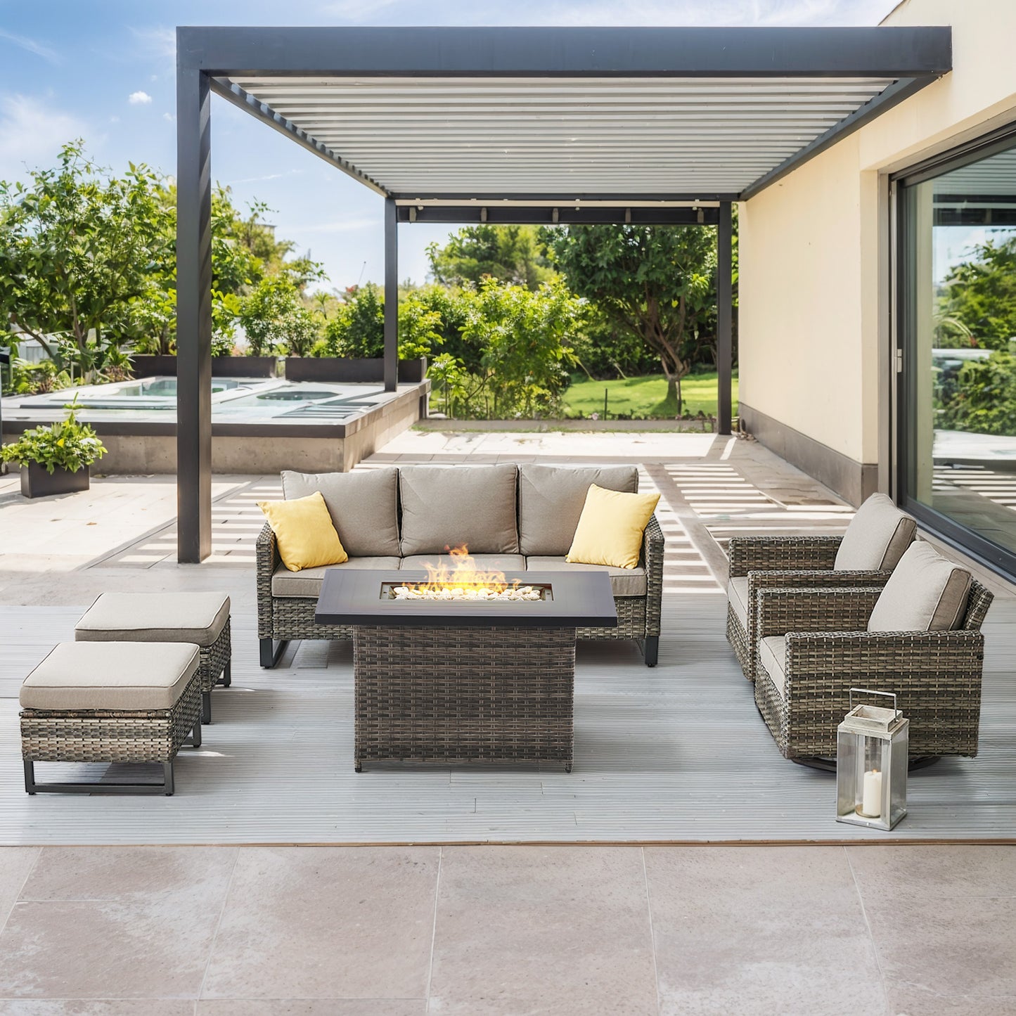 6-Piece All-Weather Outdoor Patio Furniture Set with Height-Adjustable Fire Pit Table, Couch, Swivel Chairs & Ottoman, GRS Series