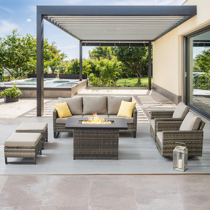 6-Piece All-Weather Outdoor Patio Furniture Set with Height-Adjustable Fire Pit Table, Couch, Swivel Chairs & Ottoman, GRS Series