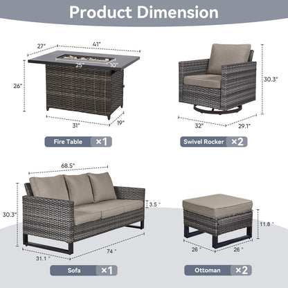 6-Piece All-Weather Outdoor Patio Furniture Set with Height-Adjustable Fire Pit Table, Couch, Swivel Chairs & Ottoman, GRS Series