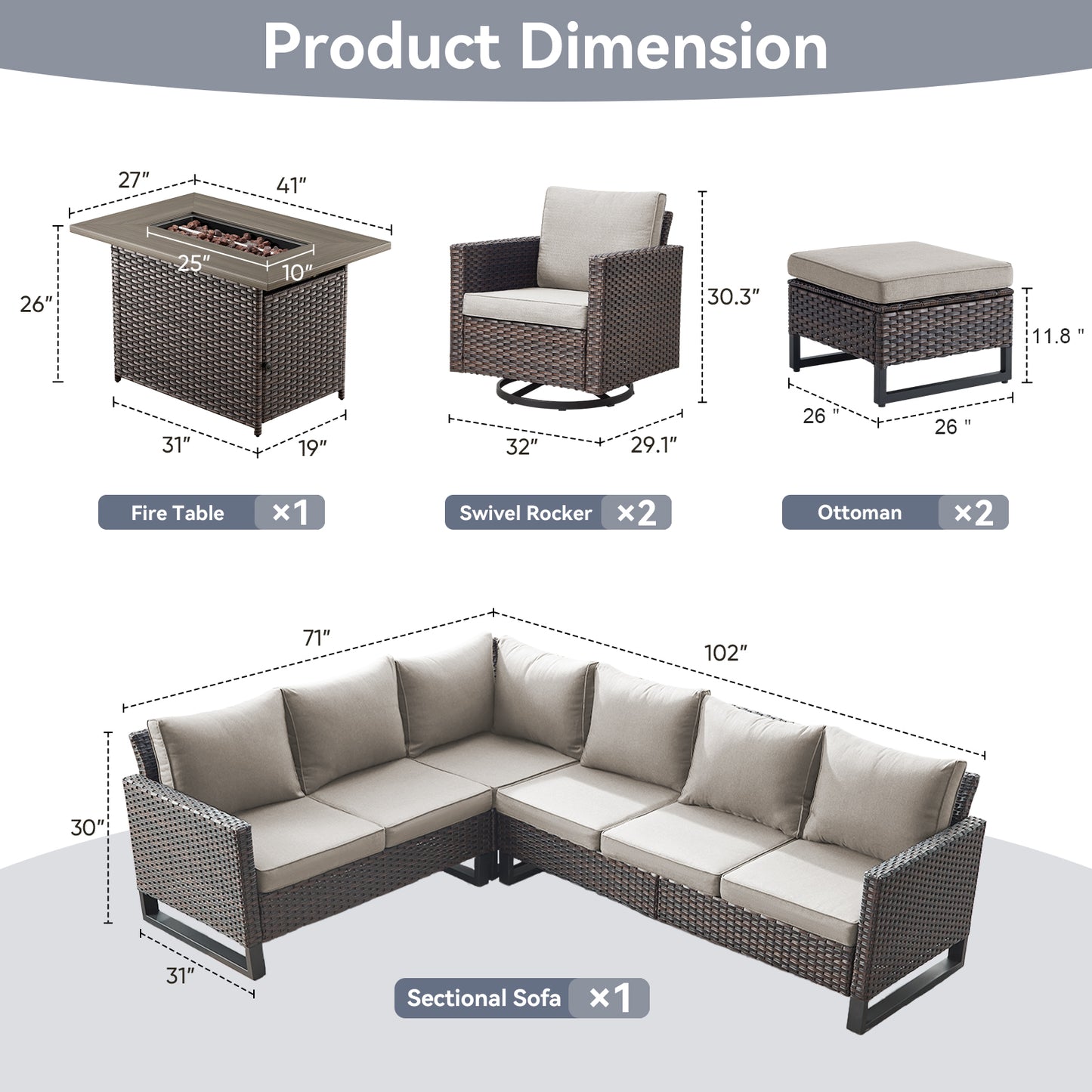 11-Piece Outdoor Wicker Conversation Set with Corner Sofa, Swivel Chairs, Ottomans & 41" Fire Pit Table (55,000 BTU), GRS Series