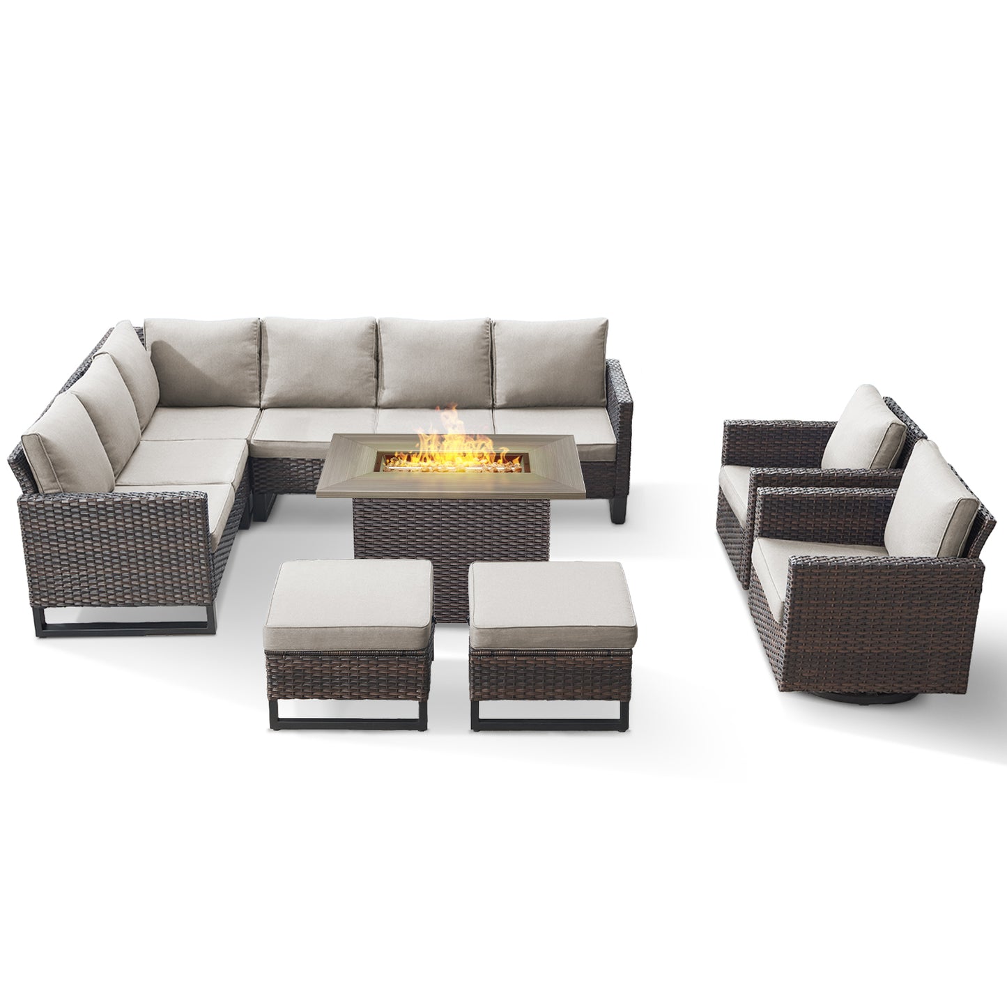 11-Piece Outdoor Wicker Conversation Set with Corner Sofa, Swivel Chairs, Ottomans & 41" Fire Pit Table (55,000 BTU), GRS Series