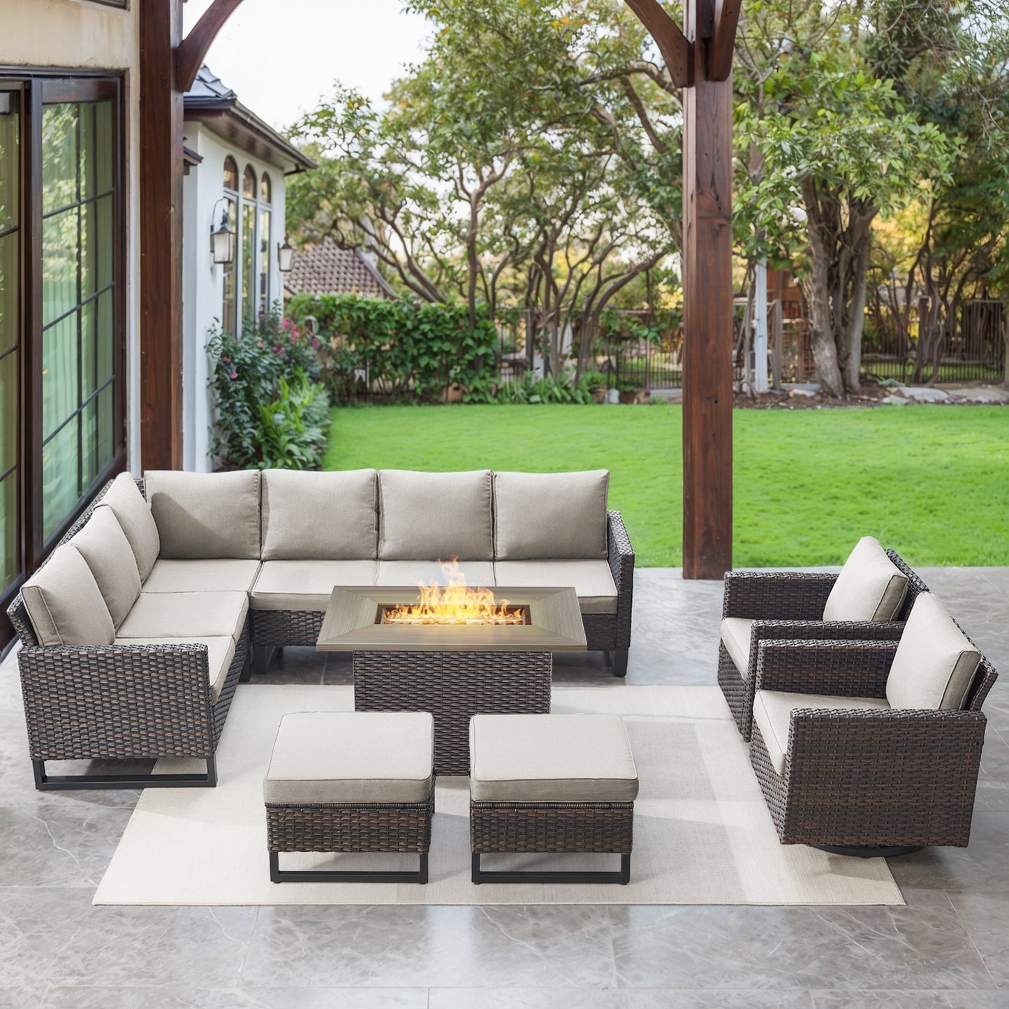 11-Piece Outdoor Wicker Conversation Set with Corner Sofa, Swivel Chairs, Ottomans & 41" Fire Pit Table (55,000 BTU), GRS Series