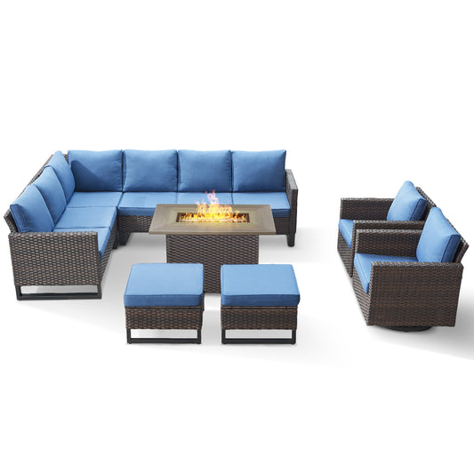 11-Piece Outdoor Wicker Conversation Set with Corner Sofa, Swivel Chairs, Ottomans & 41" Fire Pit Table (55,000 BTU), GRS Series