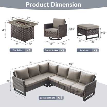 11-Piece Outdoor Wicker Conversation Set with Corner Sofa, Swivel Chairs, Ottomans & 41" Fire Pit Table (55,000 BTU), GRS Series