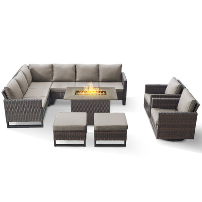 11-Piece Outdoor Wicker Conversation Set with Corner Sofa, Swivel Chairs, Ottomans & 41" Fire Pit Table (55,000 BTU), GRS Series