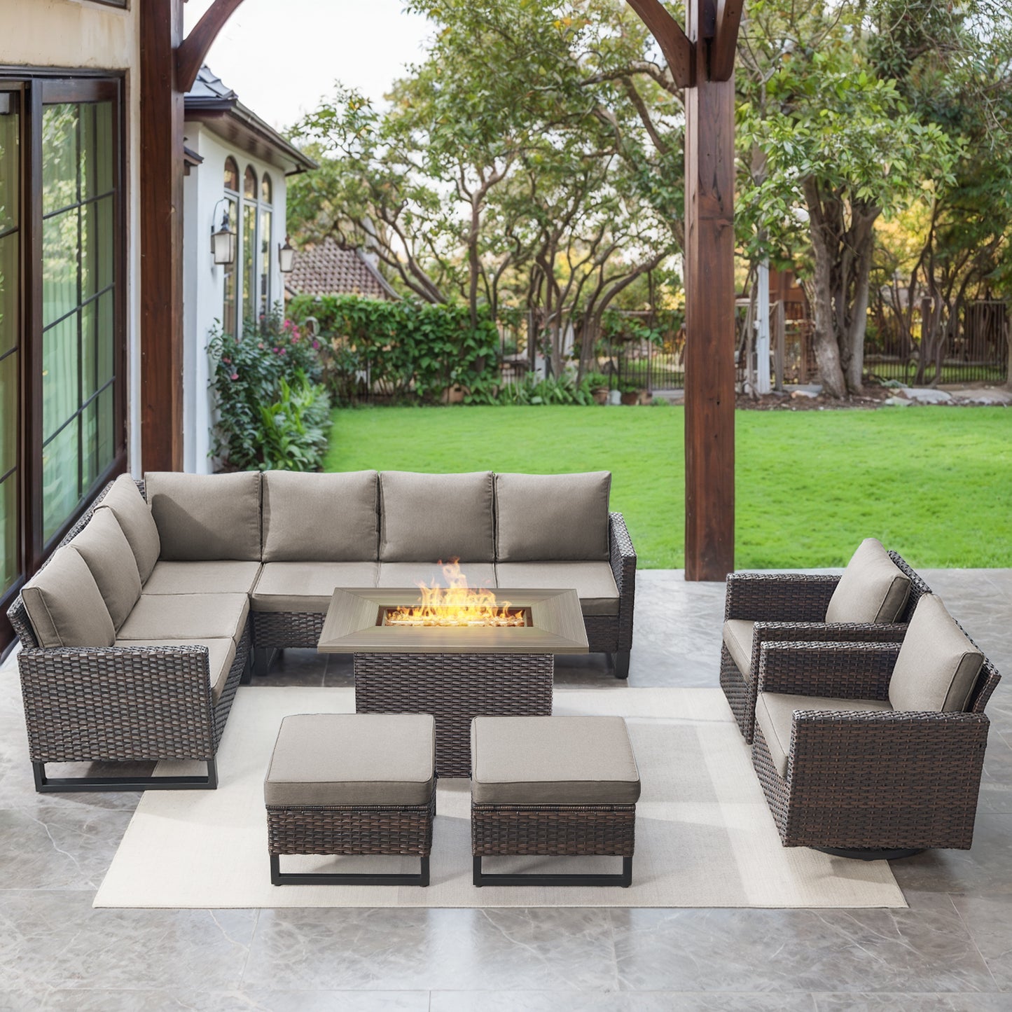 11-Piece Outdoor Wicker Conversation Set with Corner Sofa, Swivel Chairs, Ottomans & 41" Fire Pit Table (55,000 BTU), GRS Series