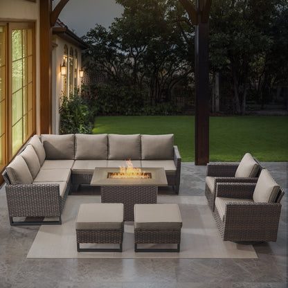 11-Piece Outdoor Wicker Conversation Set with Corner Sofa, Swivel Chairs, Ottomans & 41" Fire Pit Table (55,000 BTU), GRS Series