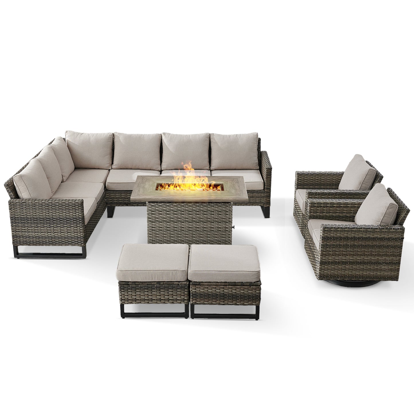 11-Piece Outdoor Wicker Conversation Set with Corner Sofa, Swivel Chairs, Ottomans & 41" Fire Pit Table (55,000 BTU), GRS Series