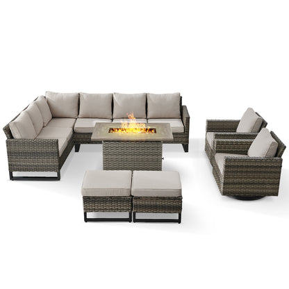11-Piece Outdoor Wicker Conversation Set with Corner Sofa, Swivel Chairs, Ottomans & 41" Fire Pit Table (55,000 BTU), GRS Series