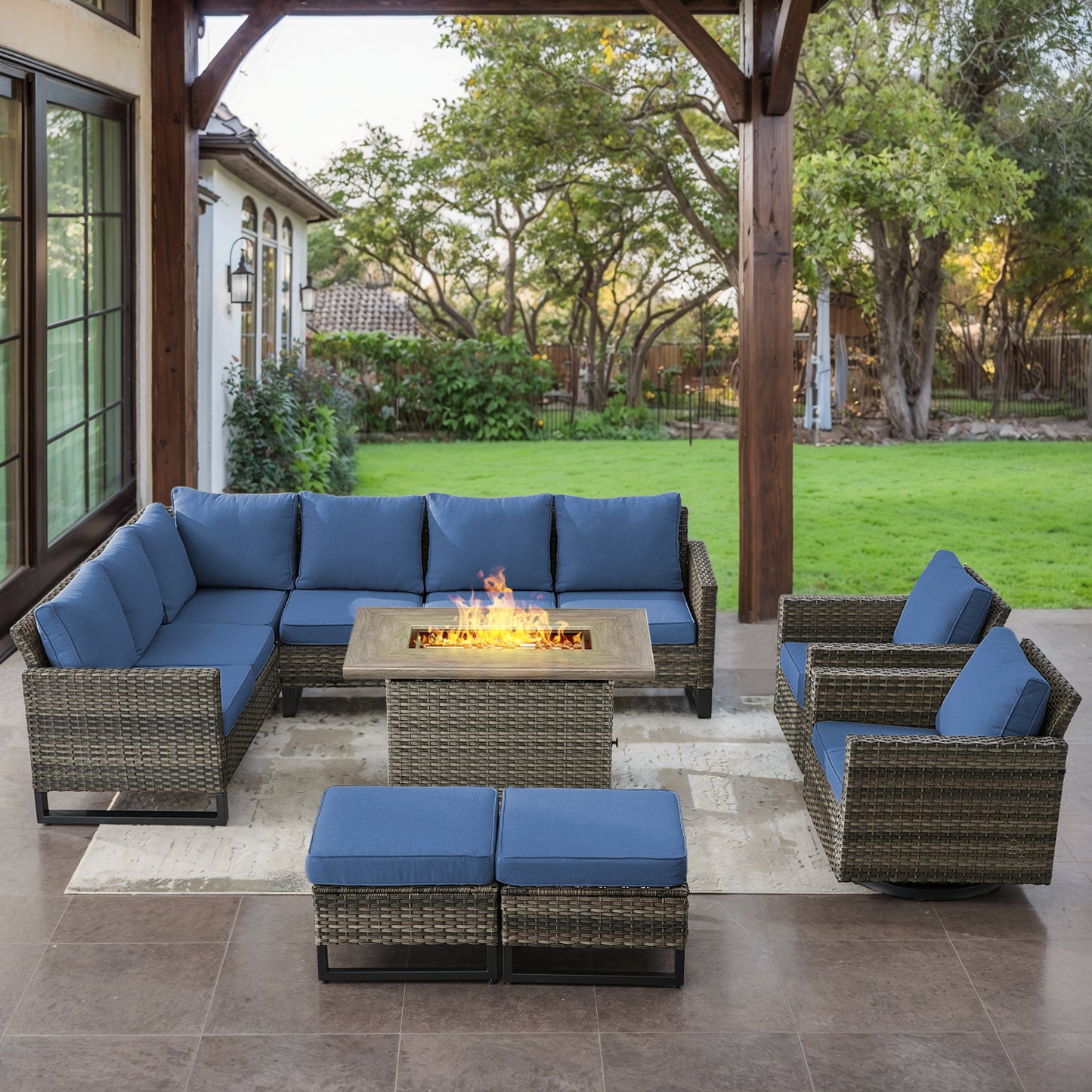 11-Piece Outdoor Wicker Conversation Set with Corner Sofa, Swivel Chairs, Ottomans & 41" Fire Pit Table (55,000 BTU), GRS Series