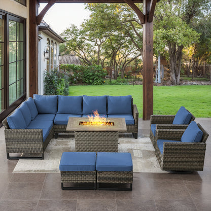 11-Piece Outdoor Wicker Conversation Set with Corner Sofa, Swivel Chairs, Ottomans & 41" Fire Pit Table (55,000 BTU), GRS Series