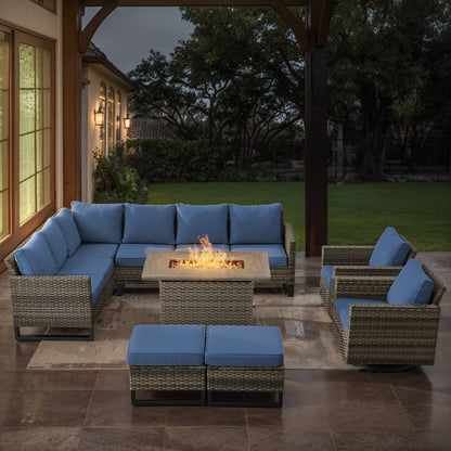11-Piece Outdoor Wicker Conversation Set with Corner Sofa, Swivel Chairs, Ottomans & 41" Fire Pit Table (55,000 BTU), GRS Series