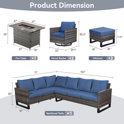 11-Piece Outdoor Wicker Conversation Set with Corner Sofa, Swivel Chairs, Ottomans & 41" Fire Pit Table (55,000 BTU), GRS Series