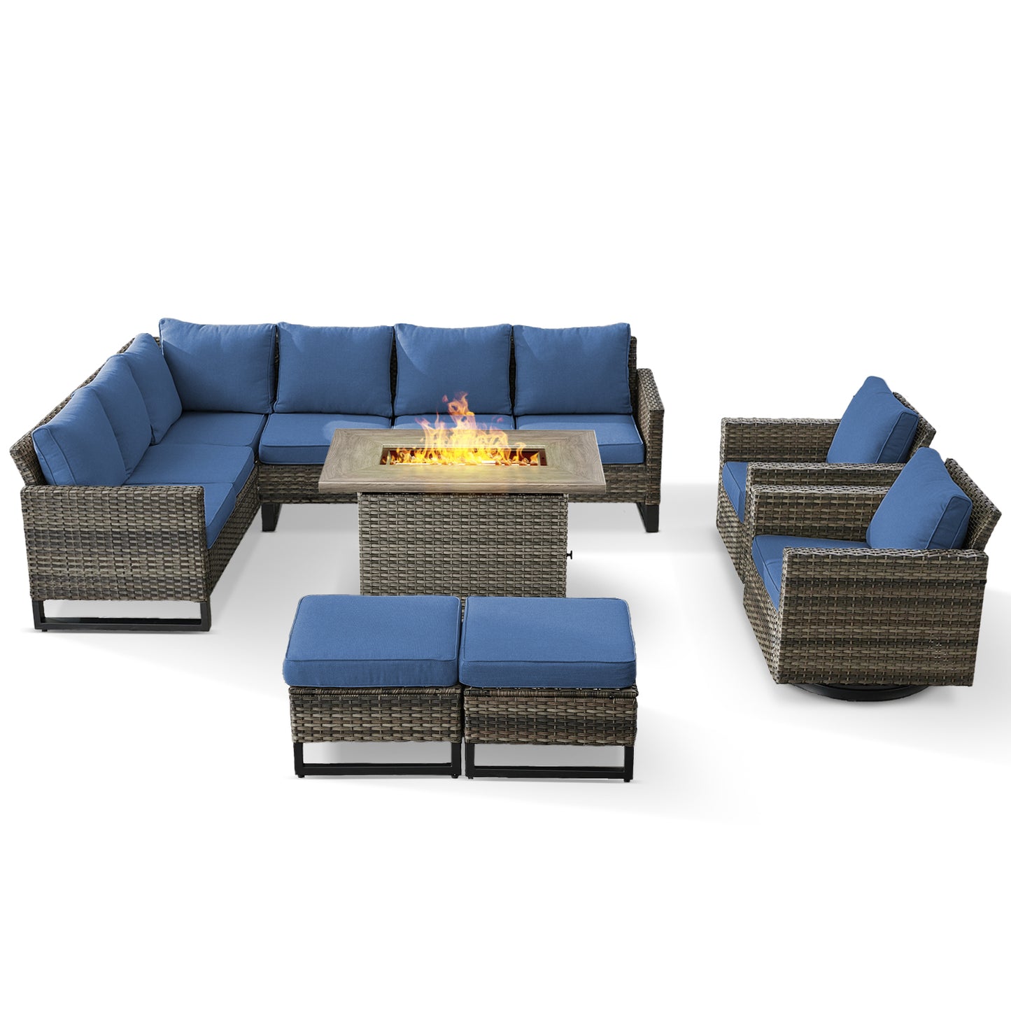 11-Piece Outdoor Wicker Conversation Set with Corner Sofa, Swivel Chairs, Ottomans & 41" Fire Pit Table (55,000 BTU), GRS Series