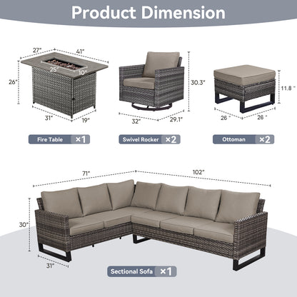 11-Piece Outdoor Wicker Conversation Set with Corner Sofa, Swivel Chairs, Ottomans & 41" Fire Pit Table (55,000 BTU), GRS Series