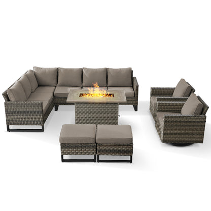 11-Piece Outdoor Wicker Conversation Set with Corner Sofa, Swivel Chairs, Ottomans & 41" Fire Pit Table (55,000 BTU), GRS Series