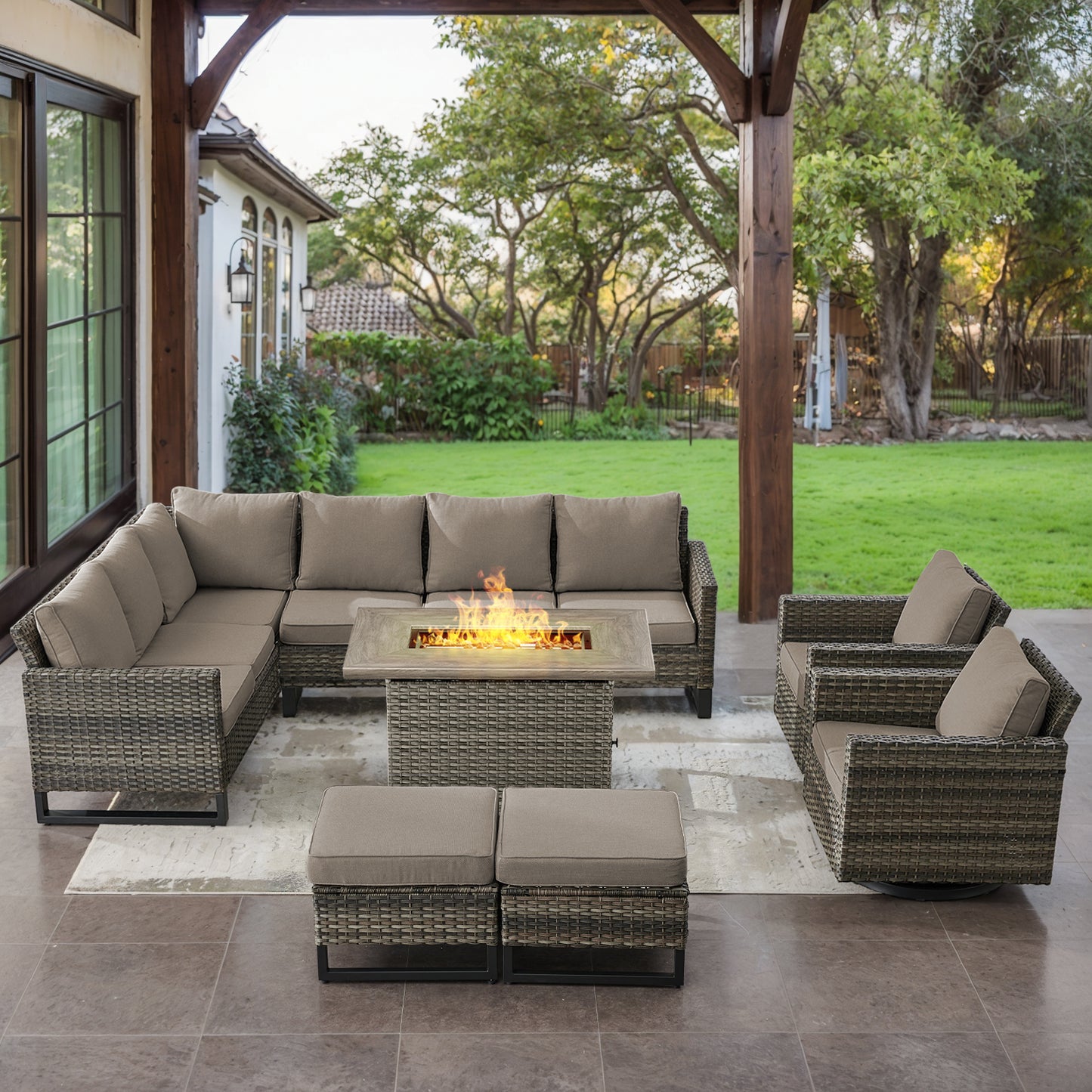 11-Piece Outdoor Wicker Conversation Set with Corner Sofa, Swivel Chairs, Ottomans & 41" Fire Pit Table (55,000 BTU), GRS Series