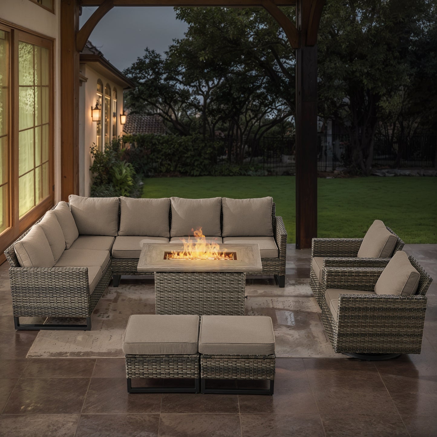 11-Piece Outdoor Wicker Conversation Set with Corner Sofa, Swivel Chairs, Ottomans & 41" Fire Pit Table (55,000 BTU), GRS Series