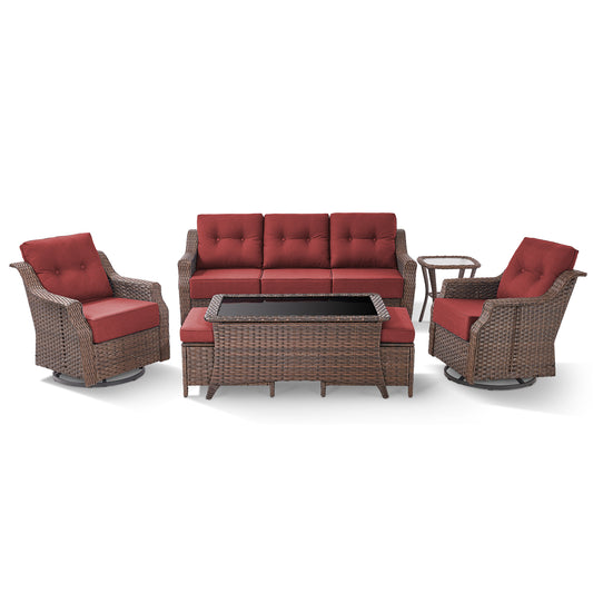 7-Piece Luxury Outdoor Conversation Set - High Back Swivel Glider Chairs with 3-Seat Sofa & Ottoman, Ovolo Series