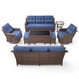8-Piece Luxury Outdoor Wicker Set - 2 High Back Swivel Glider Chairs + 2 Rattan Sofa, Coffee Table & Ottoman, Ovolo Series - Belord