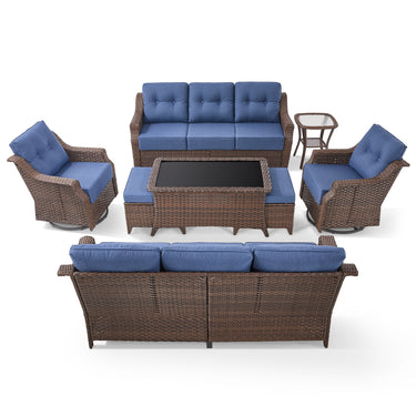 8-Piece Luxury Outdoor Wicker Set - 2 High Back Swivel Glider Chairs + 2 Rattan Sofa, Coffee Table & Ottoman, Ovolo Series - Belord