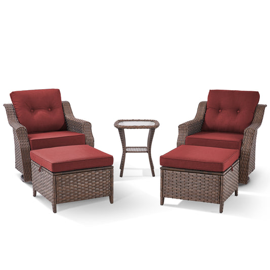 Luxury 5-Pc Rattan Patio Set - 2 Swivel Glider Chairs with Ottoman & Tempered Glass Side Table, 6" Premium Removable Cushions, Ovolo Series